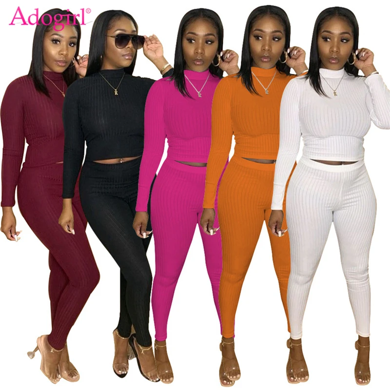 

Adogirl S-3XL Women Solid Ribbed Two Piece Set Turtleneck Long Sleeve Shirt Crop Top Pencil Pants Fashion Tracksuit