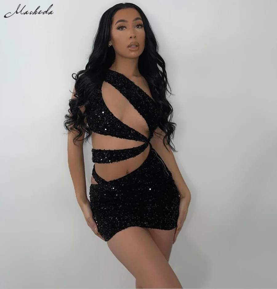 Macheda vestido negro ajustado para mujer, prenda Sexy sin mangas, con hombros inclinados, ropa de fiesta ahuecada, minivestidos para mujer 2021 (0)