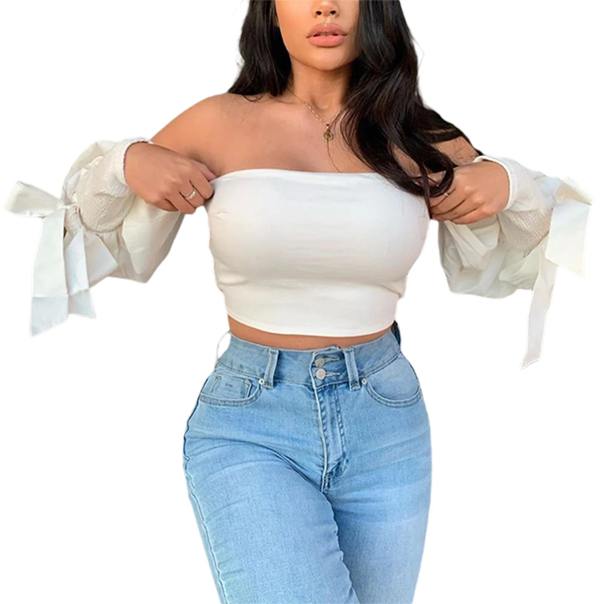 

Women’s Lantern Sleeve Tube Top Fashion Solid Color Boat Neckline Bandage Exposed Navel T-shirt