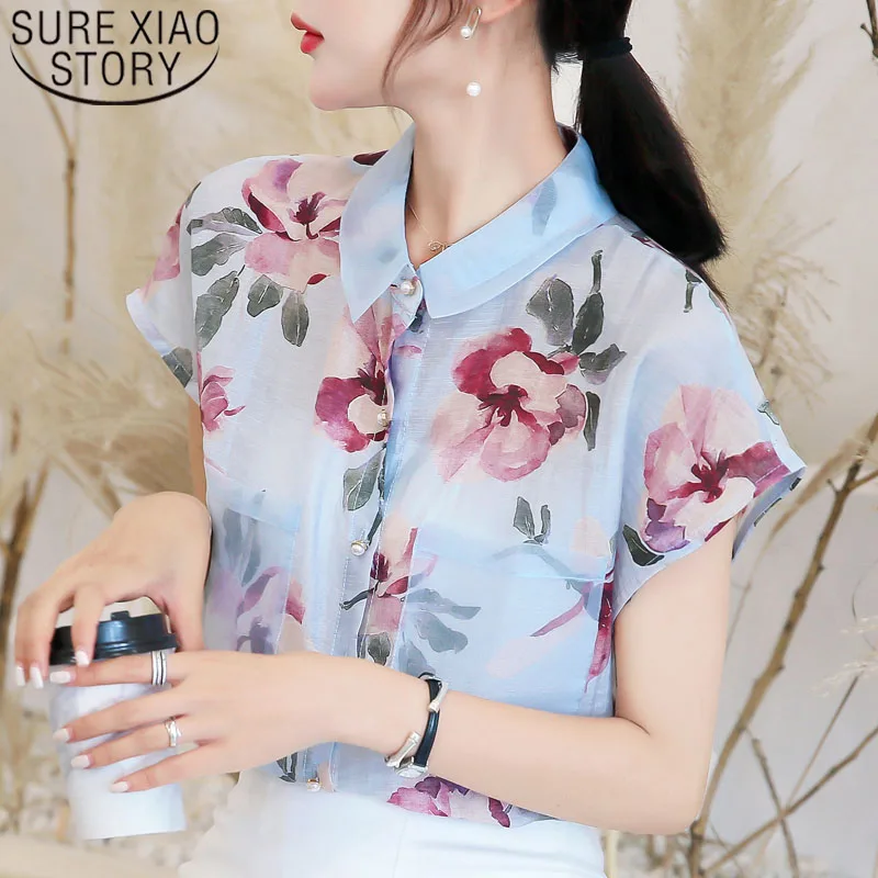 2021 Summer Fashion Women Chiffon Blouses Short Sleeve Turn-down Collar Clothing Casual Floral Tops 5101 50 | Женская одежда