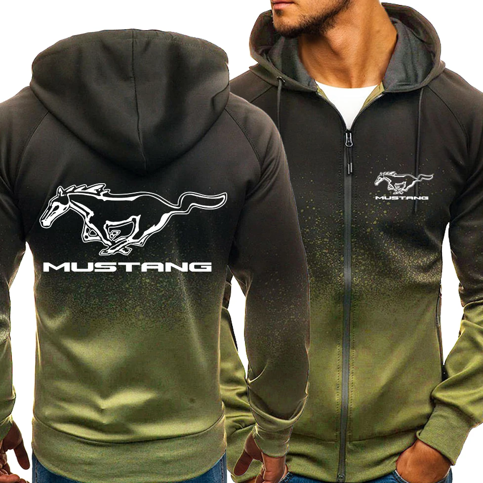 

Spring Hoodies Men Casual Harajuku Gradient Color Mustang Logo Hooded Fleece Sweatshirts Zipper Jacket Male Clothing