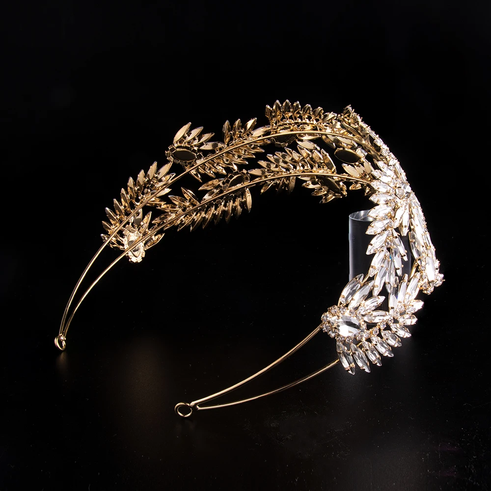 

Двойная повязка для волос с кристаллами и золотыми листьями, женская свадебная тиара Стразы для невесты, аксессуары для волос, ювелирные из...