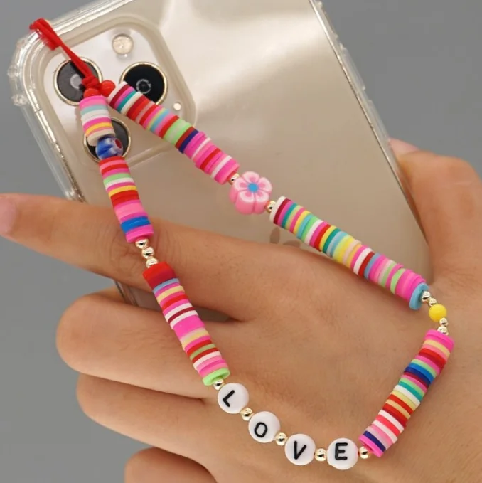 

Rainbow Color Smile Beads Mobile Phone Chain Handmade Acrylic Cord Strap Anti-lost Lanyard for Women Summer Beach Jewelry