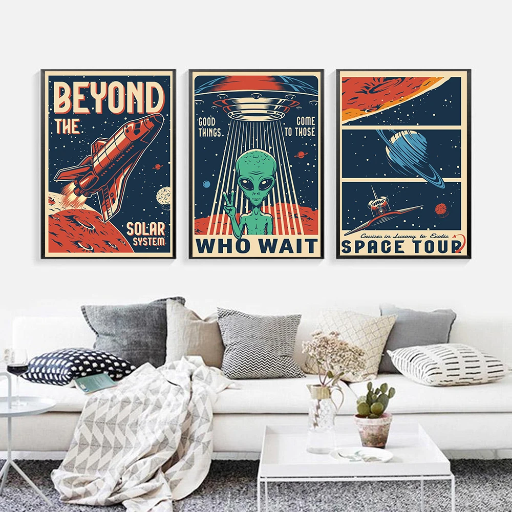 

Hd Print Vintage Art Painting Space Retro Alien Posters Travel Landscape Poster Wall Art Picture for Living Room Home Decoration