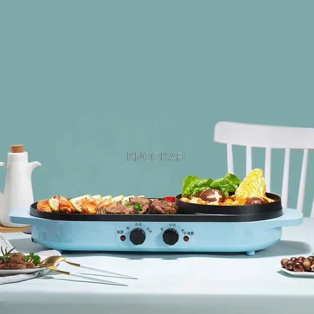 저렴한 큰 2 In 1 220V 전기 냄비 오븐 무연 바베큐 기계 홈 바베큐 그릴 실내 구운 고기 접시 접시 멀티 쿠커