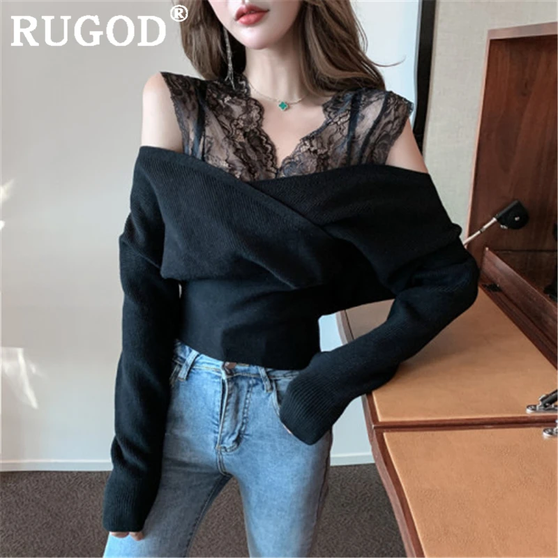 RUGOD Elegang office ladies knitted sweater Fashion lace patchwork V neck criss-cross pullovers female Korean casual solid tops | Женская