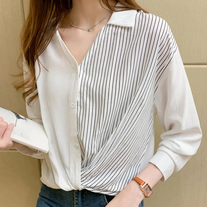 

Шифоновая Блузка с длинным рукавом, рубашка, женские топы, женская блузка, модная женская блузка 2021, белая блузка в полоску с V-образным вырез...