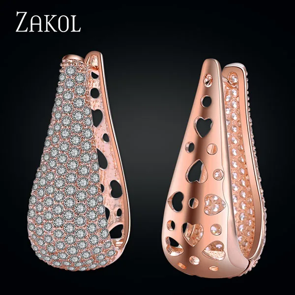 Бренд ZAKOL, роскошные свадебные ювелирные изделия для невесты, микро инкрустация кубическим цирконием, большие каплевидные серьги-кольца белого цвета, серьги FSEP601 - Окраска металла: Rose Gold Color
