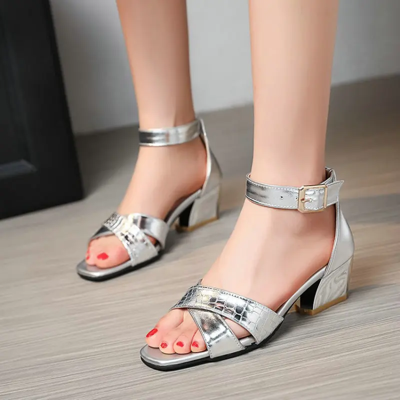 

Sianie Tianie 2021 Summer Open Toe Patent PU Gold Silver Buckle Strap Office Womens Shoes Chunky Heels Woman Sandals Size 33-45