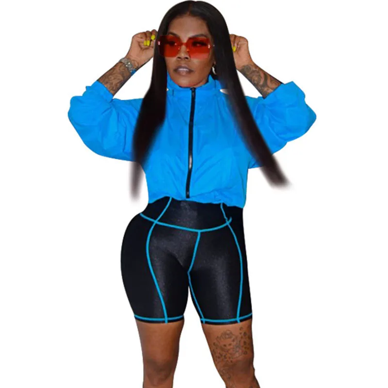 Sexy Two Piece Set Tracksuit for Women Zipper Turtleneck Long Sleeve Jacket Top and Elastic Shorts Casual Sweat Suit Streetwear