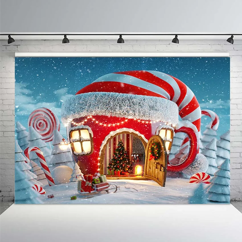 

Christmas Backdrop Winter Snow Candy Cake House Tree Fireplace Boots Donut Book Baby Dreamy Photo Background for Photo Studio