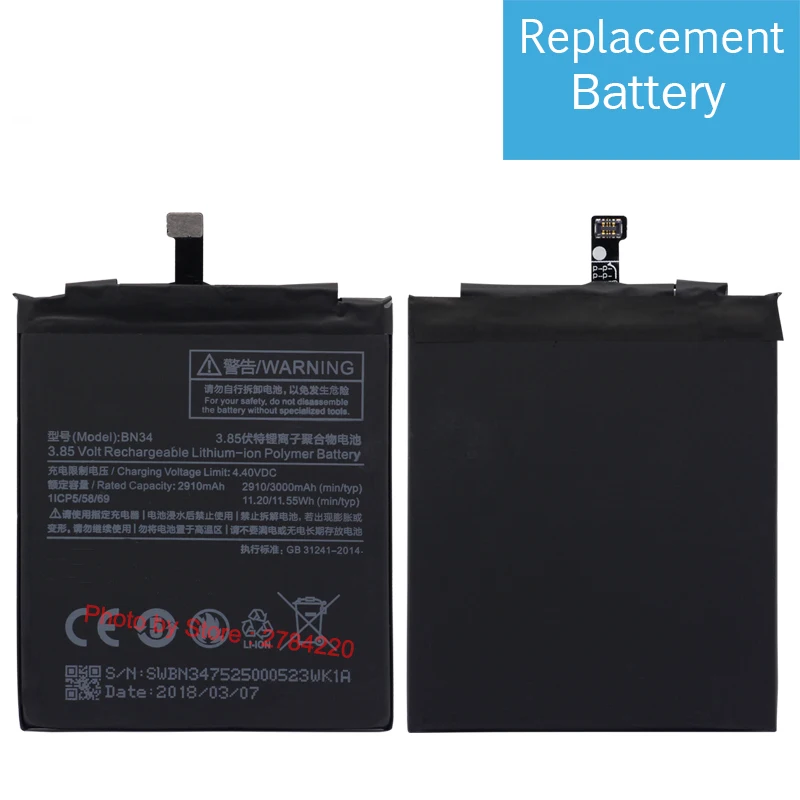 

3000mAh Xiao Mi Hong Mi BN34 Replacement Battery For Xiaomi Redmi 5A 5.0" Baterij Bateria Batterie Cell Mobile Phone Batteries