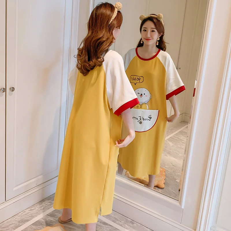 

Tonngirls Cartoon Patchwork Women Night Dress Cotton Sleeping Ladies Short Sleeve Sweet Cute Night Gowns Ladies Korean Fashion