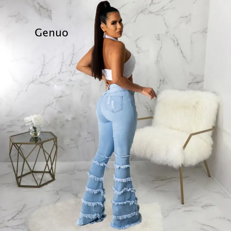 Light Blue Women for Ripped Jeans Ladies Wei La High Waist Splicing Elasticity Flare Washed Pants Vintage Jeans 2021