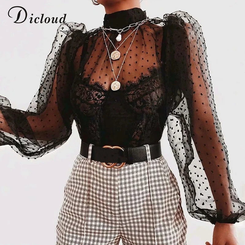 DICLOUD, сексуальные рубашки в горошек для женщин, белые, черные, прозрачные, винтажные блузки, высокая горловина, модный топ, женская летняя одежда