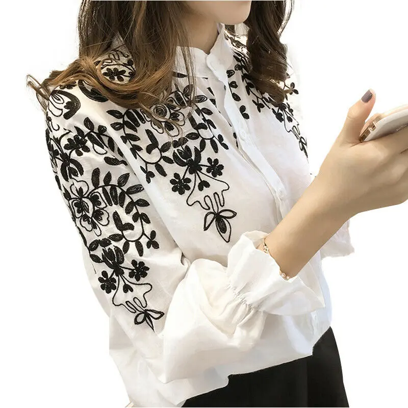 

UK Plus Size Women Embroidery Shirt Holiday Summer Casual Shirt