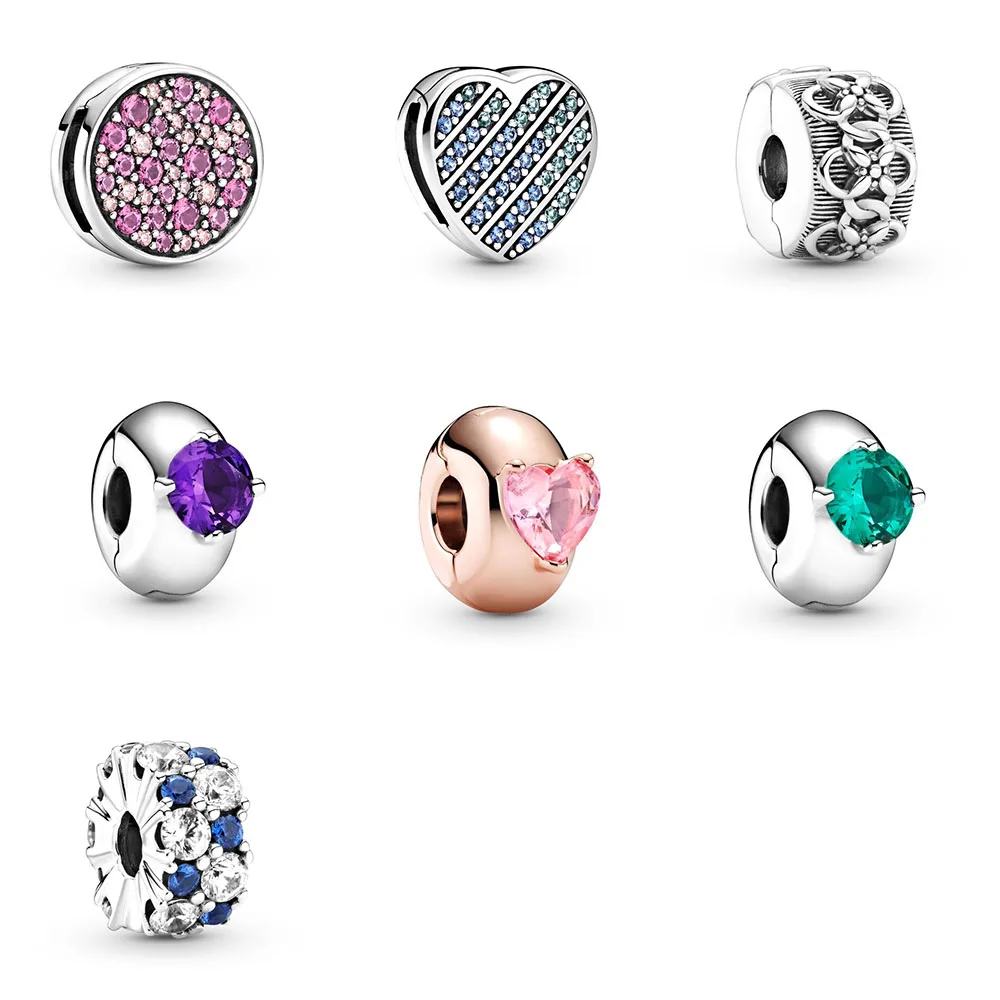 

925 Sterling Silver Beads Rolse Gold Crystal Heart Round Stopper Beads For Original Pandora Charms Women Bracelets & Bangles