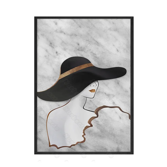 

Nordic Style Canvas Posters Ink Paintings The Back of Two Pretty Women with Long Veil Dress and Big Hat for Home Rooms Decoratio