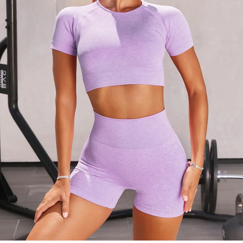 

Seamless Sport Set Women 2 Piece Short Sleeve Top Bra Shorts Leggings Sportsuit Workout Outfit Active Fitness Yoga Gym Wear