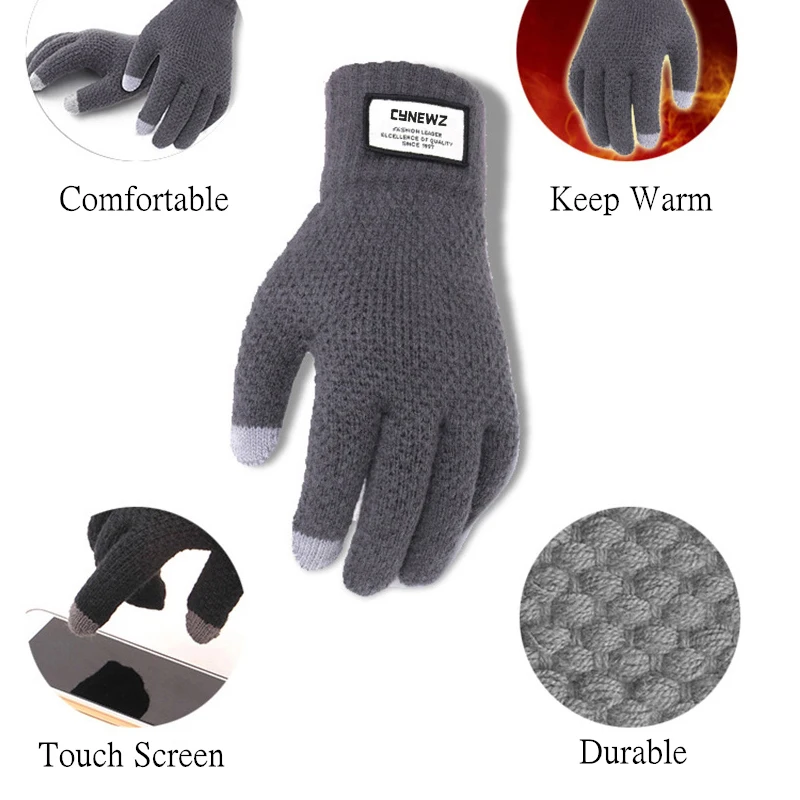 

Men Knitted Gloves Winter Touch Screen High Quality Male Thicken Warm Wool Cashmere Solid Gloves Men Mitten Business Autumn