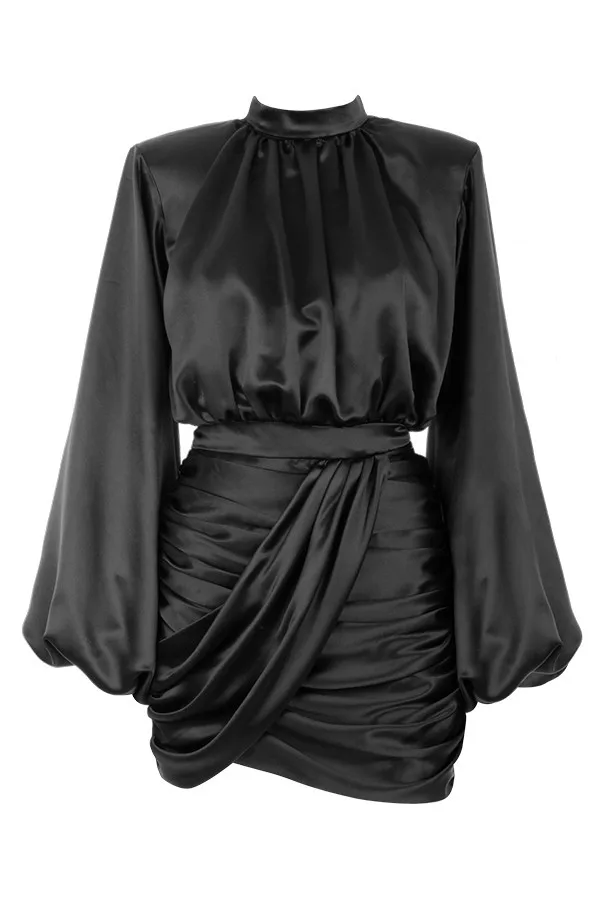 

Autumn Woman Dress Lantern Sleeve Vestido Solid Asymmetrical Female Dress