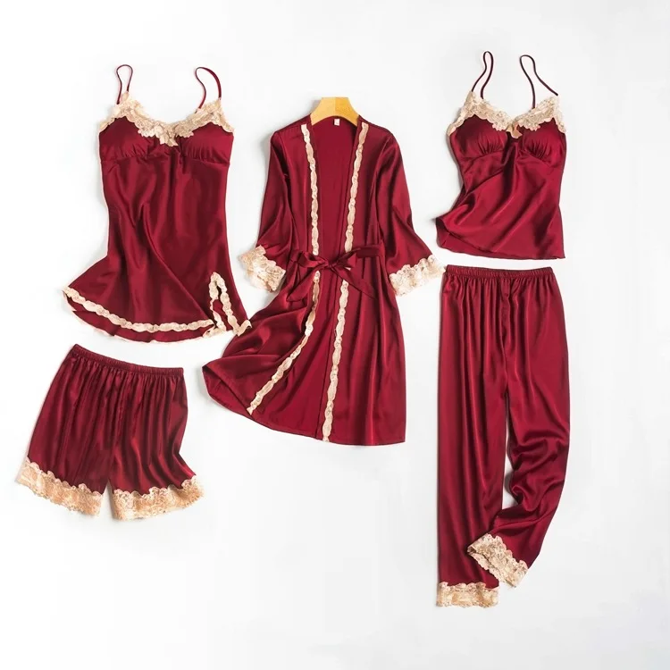 5 шт. пижамный комплект темно синий женский халат из вискозы ночная рубашка