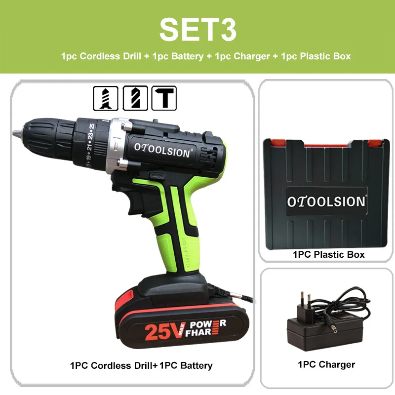 SET3 (1pc battery) Мощность Фул 25+ 1 электродрель крутящего момента многофункциональная аккумуляторная ручная дрель отвертки Портативный Мощность инструментов с инструментальным ящиком - Цвет: SET3 (1pc battery)