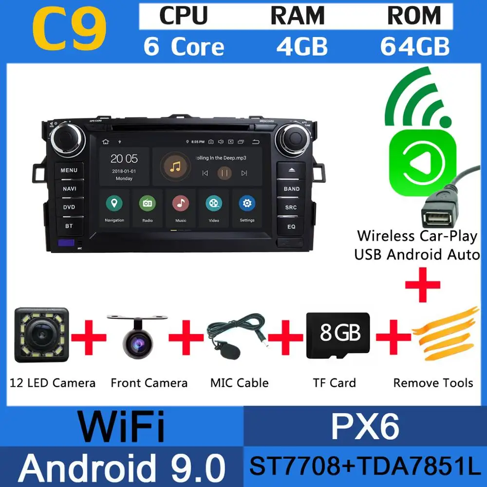 " PX6 4G+ 64G Android 9,0 для Toyota Auris 2006 2007 2008 2009 2010 2011 Автомобильный DVD Радио gps навигации DSP CarPlay - Цвет: PX6 Wireless CarPlay