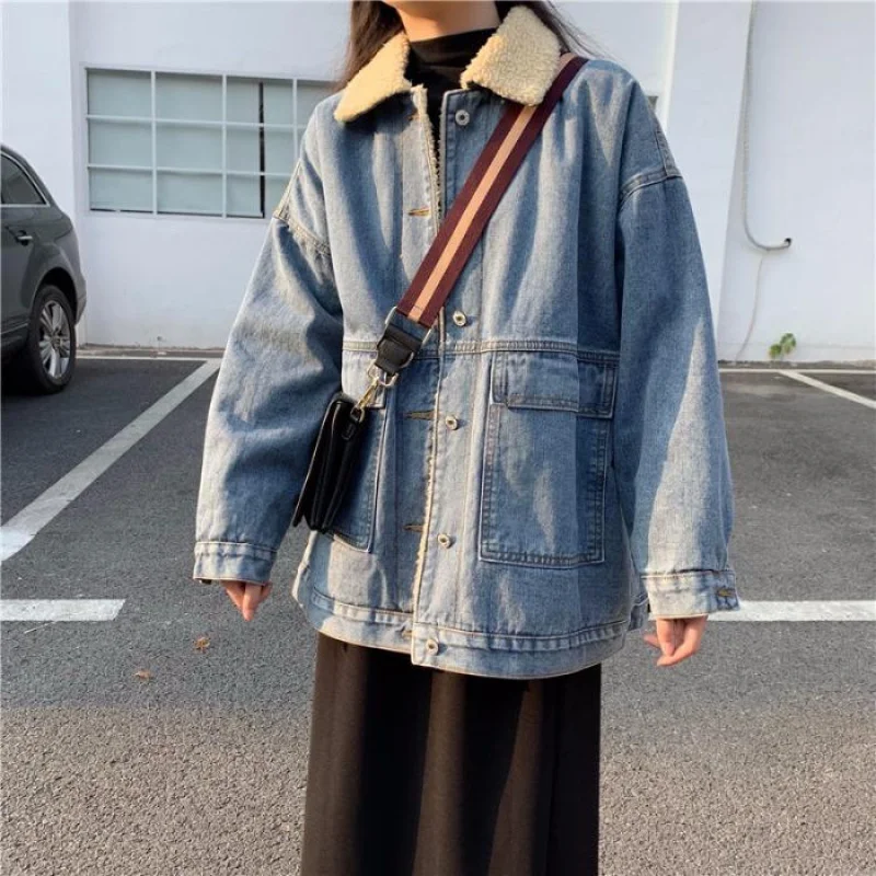 Женская джинсовая куртка Timis Li модная Повседневная теплая с воротником из