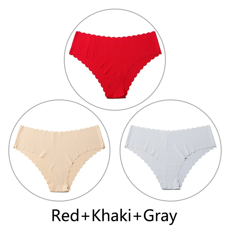 Red Khaki Gray 3 шт./партия, сексуальные бесшовные трусики с оборками для женщин, полосатые трусы с низкой посадкой, цельное нижнее белье, женское нижнее белье, американский размер xs-l - Цвет: Red Khaki Gray