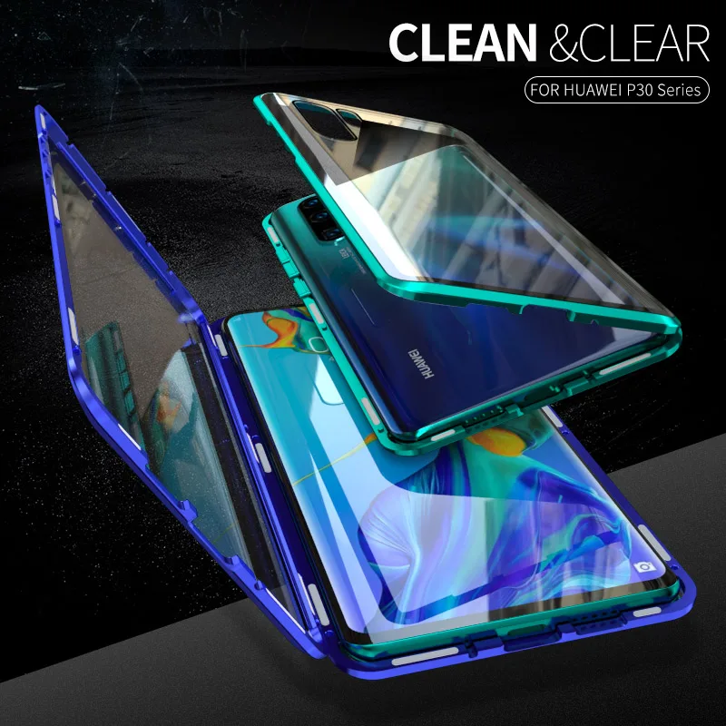 Luphie Full Wrap Magnetic Case for Huawei P30 Pro 9H Front Back Tempered Glass Phone Cover |