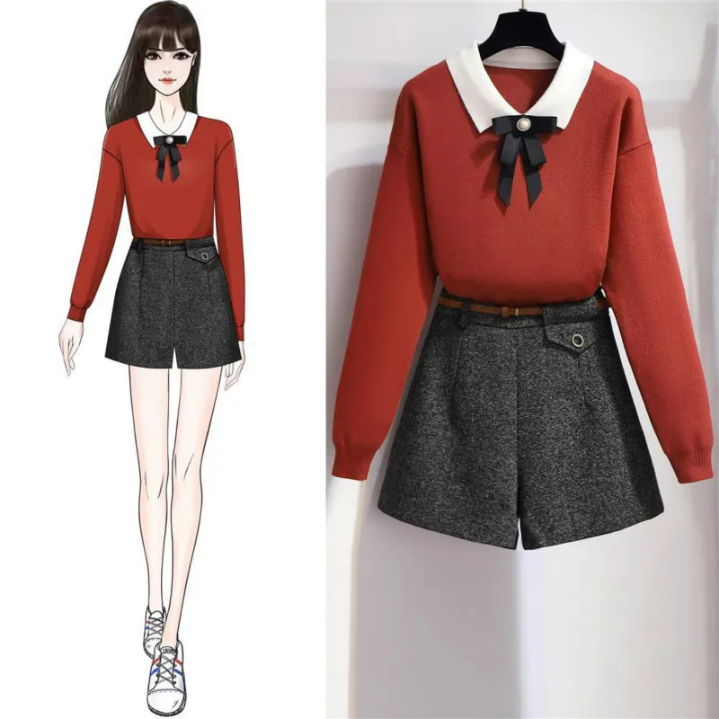 

2021 Women Autumn Winter Vintage Knitted Suit Lady Bow Sweater + Sashes A-line Shorts Set Female Casual Elegant 2 Piece Set PJ31