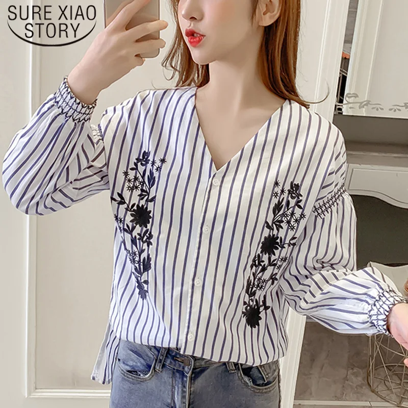 

Autumn Regular Ladies Tops Plus Size New Stripe Embroidered Women Blouses 2021 V Neck Sexy Long Sleeve Women Shirts 6422 50