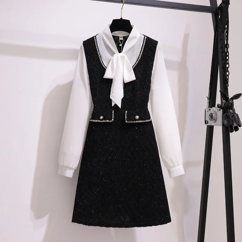 

4XL plus size women elegant vintage Patchwork bow dress autumn winter 2021 fashion Beading Fake two A line dresses vestido