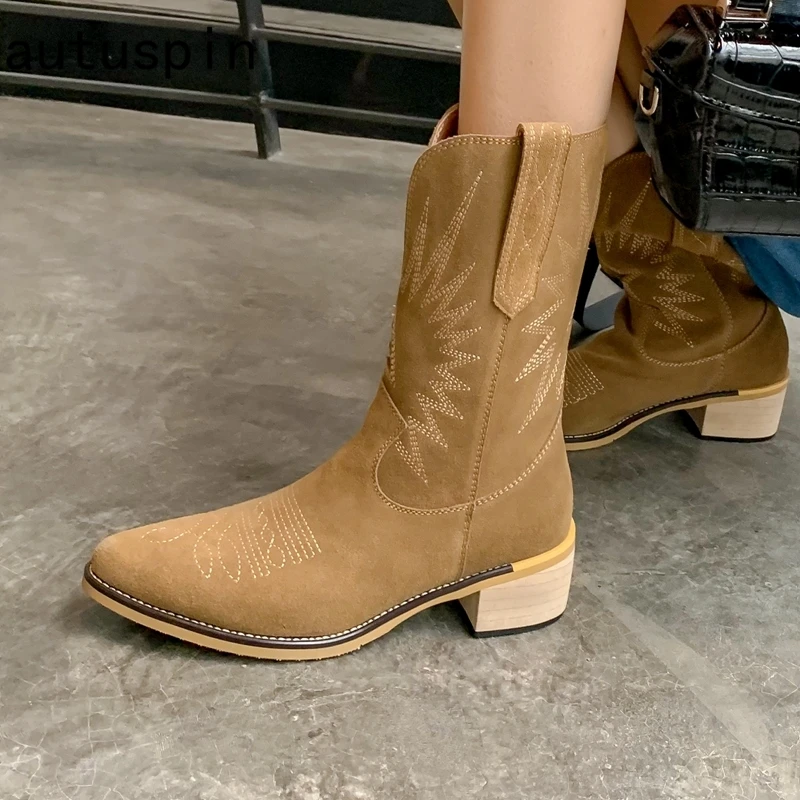 

Autuspin Nubuck Women Mid-calf Boots Fashion Pointed Toe Thick Heels 2021 Winter Female Office Warking Party Casual Western Boot