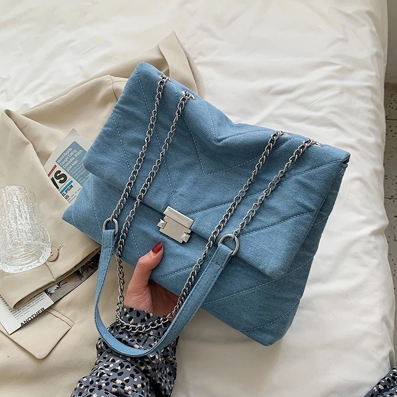 

V-Line Big Denim Canvas Crossbody Messenger Bags for Women 2021 Trend Chain High handbag women