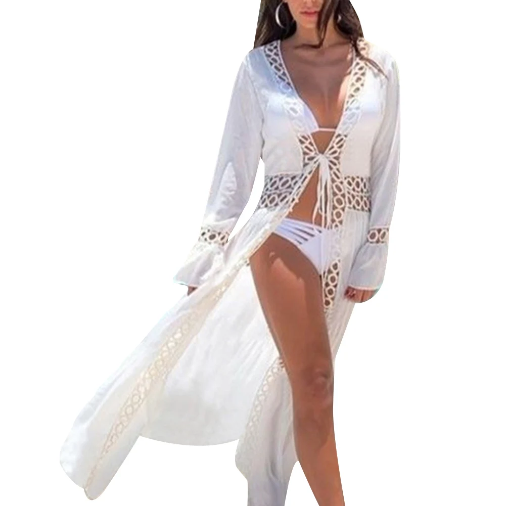 Женская шифоновая накидка в стиле бохо Летнее белое кимоно с длинным рукавом