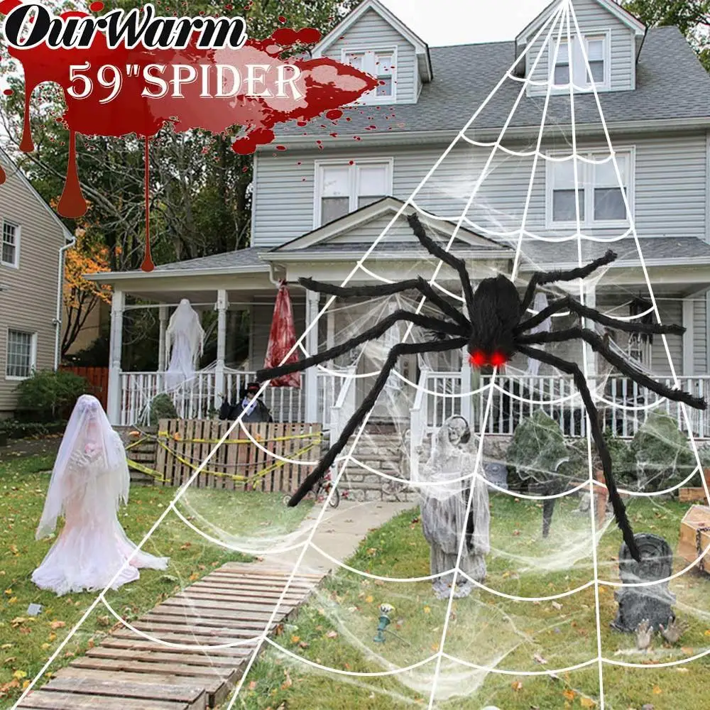 

OurWarm Halloween Decorations Giant Stretchy Spider Web with Black Large Spider Terror Party Bar Haunted House Props
