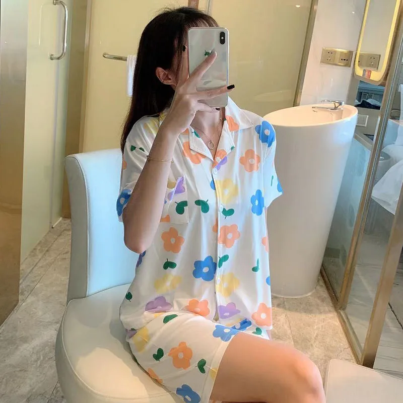 

Pajamas Summer Autumn Women's Thin Cotton Short Sleeve Pajamas Set Loose Adult Women Sleepwear Set Polyester Soft Pajama Set