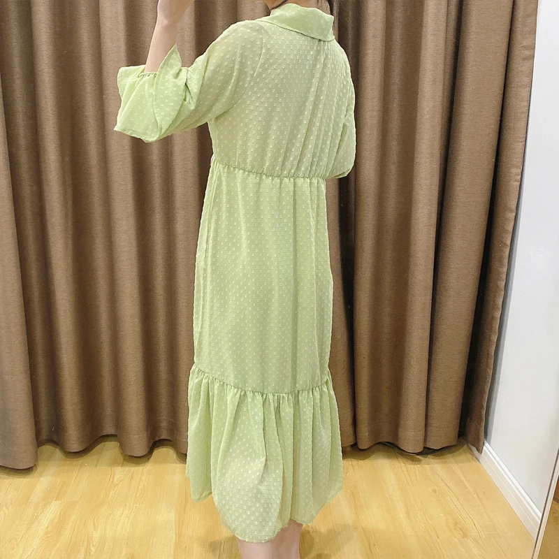 

Green Women Elegant Chiffon Dress Shirt 2021 Spring Summer High Quality Party Femme Ruffle Dresses Vestidos Fashion YNZZU 1D018