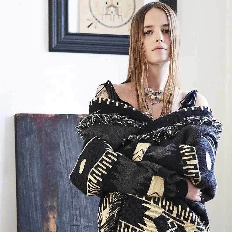 Black Geometro Cardigan Women Long Sleeve Fringe Collar Cardigan Coat Winter New Warm Knitted Cardigan Sweater Coat Oversize