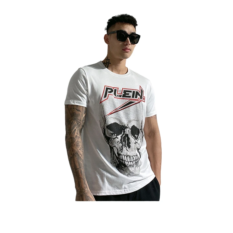 

T-SHIRT ROUND NECK SKULL CRYSTAL RHINESTONES HIGH QUALITY 100% COTTON MEN'S FASHION WHITE ROUND NECK NEW ARRIVAL HOMME TEE