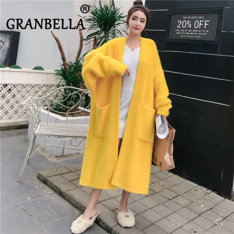 high quality faux mink velvet loose women's knitted cardigan winter long open stitch outerwear plus size yellow sweater coats |