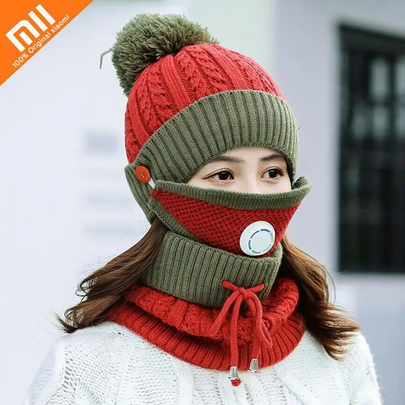 

Xiaomi Knitted Hat Women Winter Anti-smog Breathing Valve Mask Cap and Scarf Set Girl Ski Caps Warm Plus Woolen Cap Lady Hats