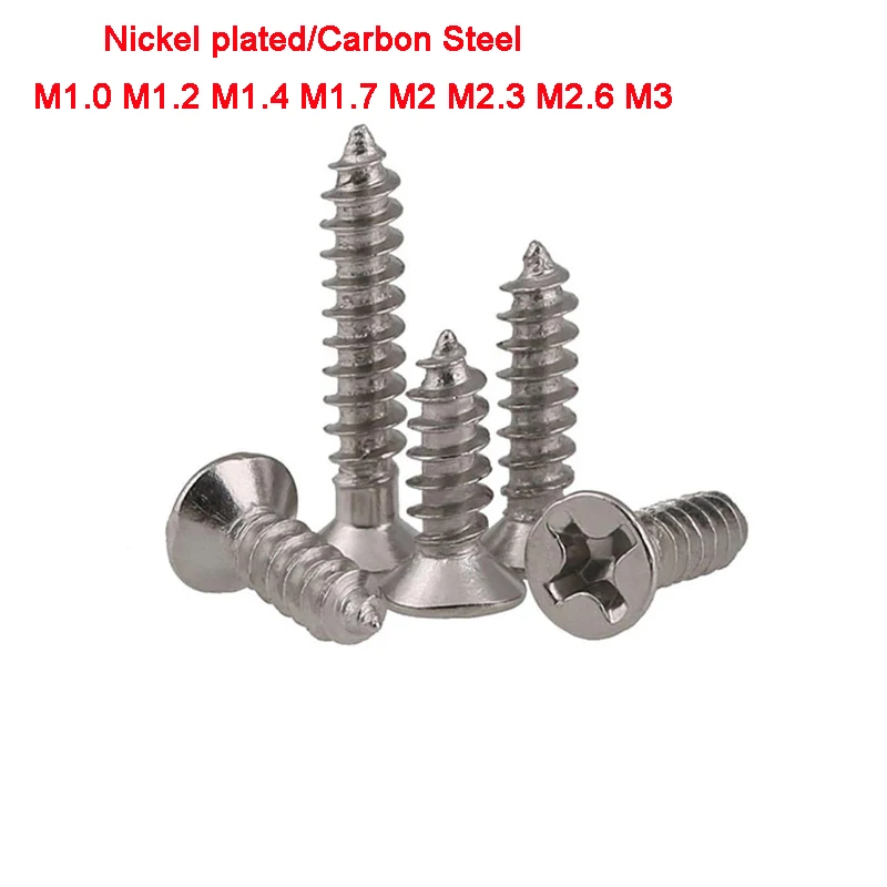 

100Pcs Nickel Plated/Carbon Steel Flat Head Self Tapping Screw Phillips Screws Countersunk Bolts M1.0M1.2M1.4M1.7M2M2.3M2.6M3