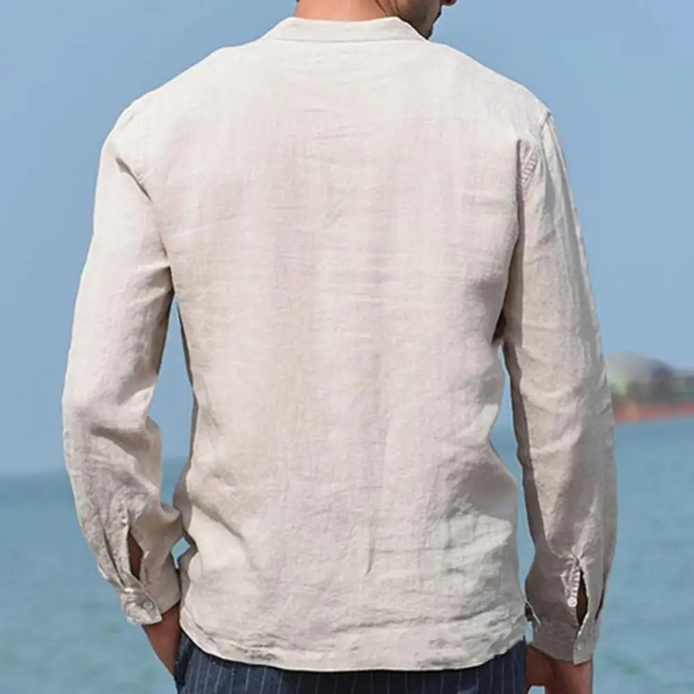 

2021 Fashion Men Shirt Long Sleeve Stand Collar Solid Color V Neck Pockets Pullover Men Beach Shirt for Vacation