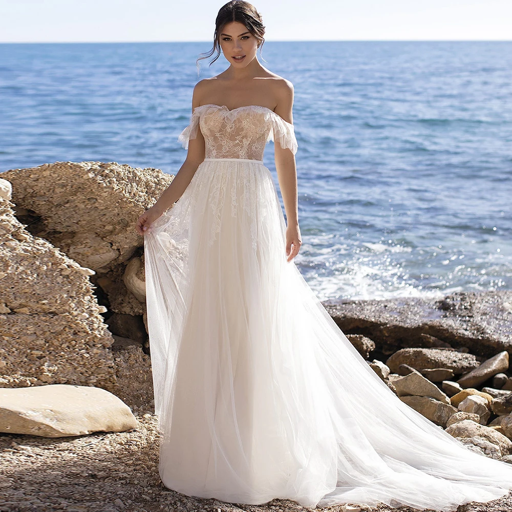 

Modest Wedding Dress for Women 2021 Lace Appliques Ruched Cap Sleeve Strapless Tulle Sleeveless Court Train Backless Bridal Gown