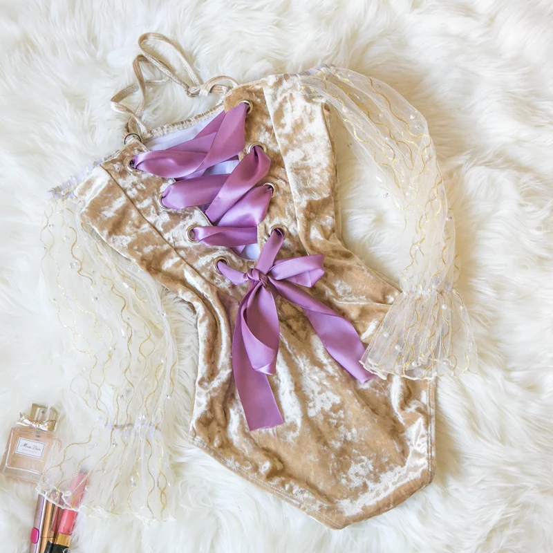 Цельное бикини Пляжное Бандажное Монокини женский купальник с длинным рукавом