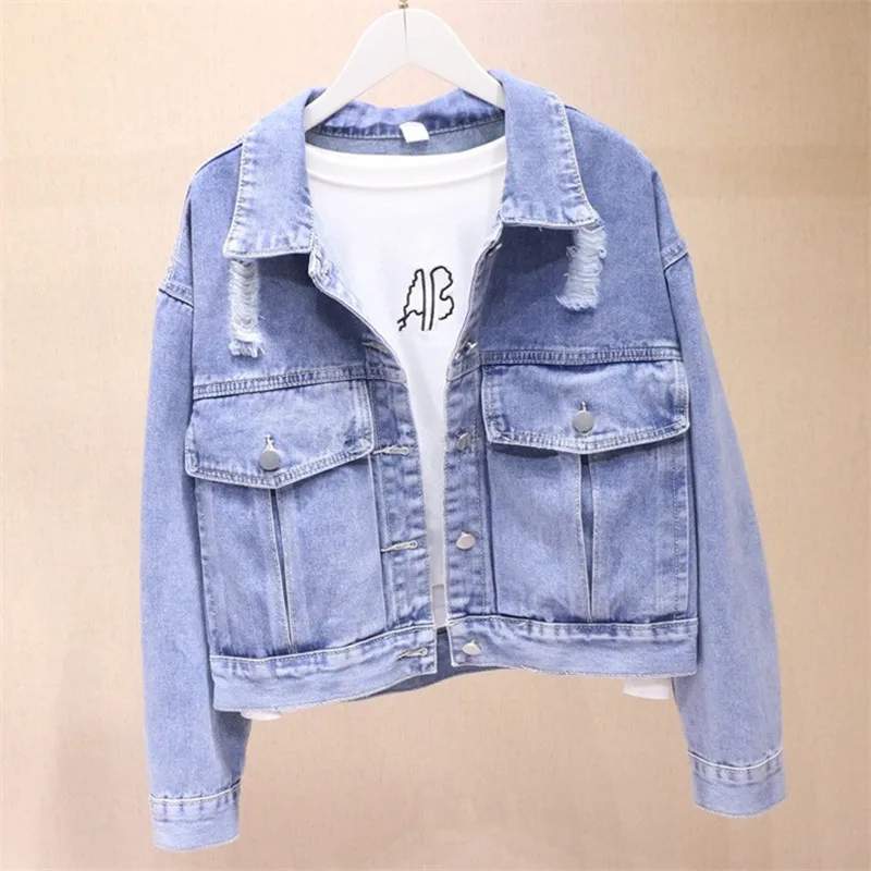 

Korean Women Fashion Washed Light blue Hole Denim Coat Loose Big pocket Casual Long sleeve Jean Jacket Spring Short Coats Female