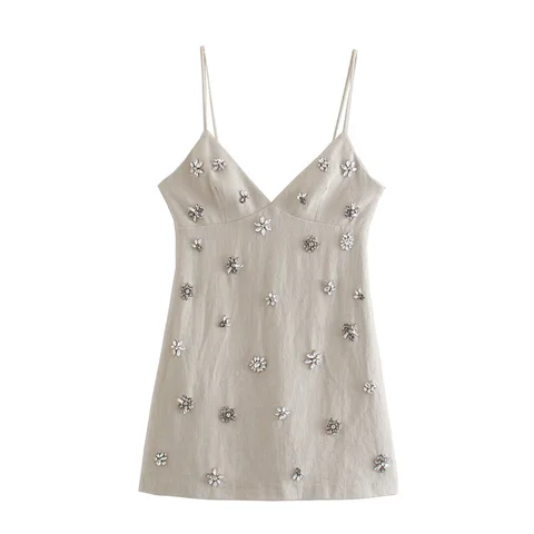 BBWM 2021 New Summer Women Elegant Vintage Sexy Cotton Linen Solid Dress Female Casual Diamond Party Slim V-Neck Sling Mini Dres